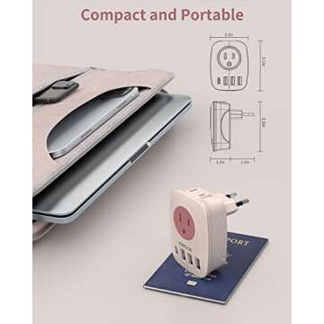 European Travel Plug Adapter,VINTAR International Power Plug Adapter with 1 USB C, 3 USB A Ports and 2 US Outlets,6 in 1 Type C Charger Travel Essentials to Most of Europe Greece, Italy(Pink)