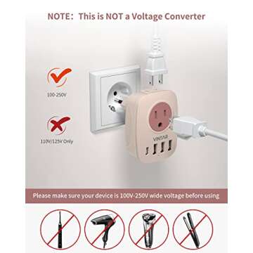 European Travel Plug Adapter,VINTAR International Power Plug Adapter with 1 USB C, 3 USB A Ports and 2 US Outlets,6 in 1 Type C Charger Travel Essentials to Most of Europe Greece, Italy(Pink)