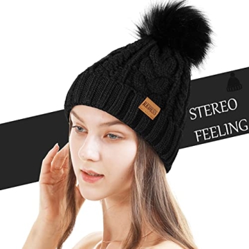 Warm Fleece Lined Pompom Beanie for Women