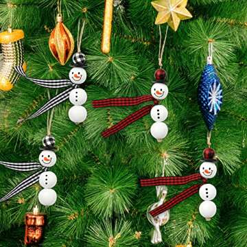 SAVITA 150pcs Christmas Snowman Wooden Beads Set, Winter Wooden Beads Christmas Buffalo Plaid Beads with Hemp Rope for DIY Crafts Decoration