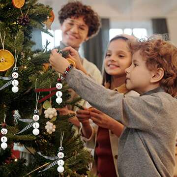 SAVITA 150pcs Christmas Snowman Wooden Beads Set, Winter Wooden Beads Christmas Buffalo Plaid Beads with Hemp Rope for DIY Crafts Decoration