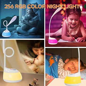 Desk Lamp Kids LED Cute Small Colorful Night Light Computer Study Dimmable Office Lamp with USB Charging Port, Mini Dorm Adjustable Eye-Caring Portable Reading Light for Girls, Boys, Students Gift