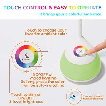 Desk Lamp Kids LED Cute Small Colorful Night Light Computer Study Dimmable Office Lamp with USB Charging Port, Mini Dorm Adjustable Eye-Caring Portable Reading Light for Girls, Boys, Students Gift