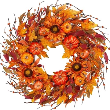 Sggvecsy Fall Wreath | 22’’ Autumn Harvest Wreath with Pumpkins & Sunflowers