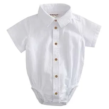 MOMOLAND Infant Baby Boys Woven Button Up Bodysuit Shirt (Short Sleeves Linen White, 18-24 Months)