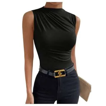 Milumia Women's Casual Ruched Mock Neck Tank Top Sleeveless Slim Fit Work Shirt Tops Black X-Large