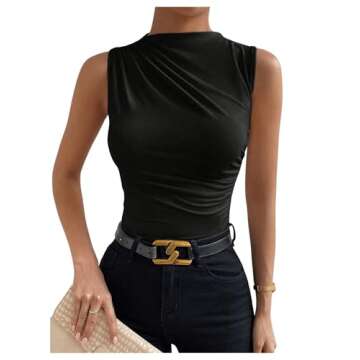 Milumia Women's Casual Ruched Mock Neck Tank Top Sleeveless Slim Fit Work Shirt Tops Black X-Large