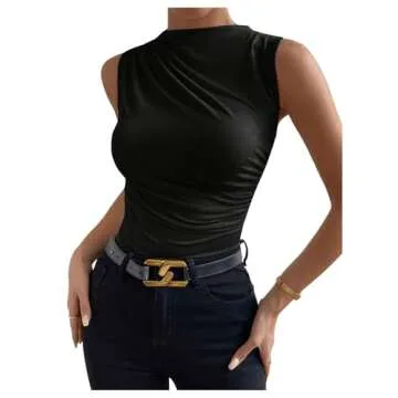Milumia Women's Casual Ruched Mock Neck Tank Top Sleeveless Slim Fit Work Shirt Tops Black X-Large
