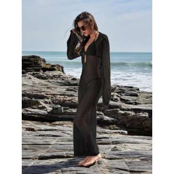 Leoparts Women's Knitted Swimsuit Cover Up 3D Floral Hollow Out Open Back Tie-Up Maxi Dress Beachwear Coverup Dresses