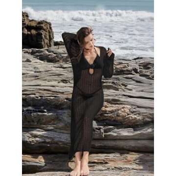 Leoparts Women's Knitted Swimsuit Cover Up 3D Floral Hollow Out Open Back Tie-Up Maxi Dress Beachwear Coverup Dresses