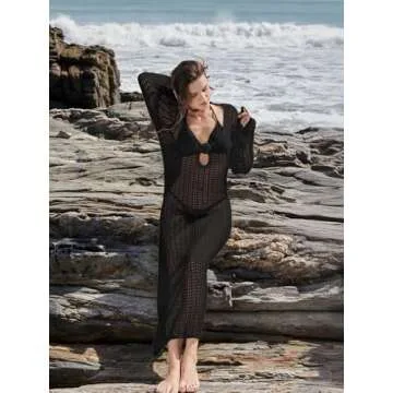 Leoparts Women's Knitted Swimsuit Cover Up 3D Floral Hollow Out Open Back Tie-Up Maxi Dress Beachwear Coverup Dresses