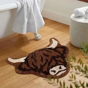 Percozzi Highland Cow Tufted Rug Bath Mat Scottish Long Horn Fluffy Cow Bathroom Shower Mat Softness Bathmat Aesthetic Floor Carpet for Bedroom Farmhouse Home 27.5" x 25.5"