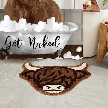 Percozzi Highland Cow Tufted Rug Bath Mat Scottish Long Horn Fluffy Cow Bathroom Shower Mat Softness Bathmat Aesthetic Floor Carpet for Bedroom Farmhouse Home 27.5" x 25.5"