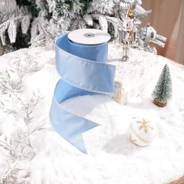 DINDOSAL Dusty Blue Christmas Ribbon Wired 2.5" x 10 Yard French Blue Wired Ribbon Blue Ribbon for Christmas Tree Decorations, Topper Bows, Wreaths, Crafts, Home Decor, Gift Wrapping