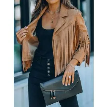 Casual Faux Leather Jacket Women Motorcycle Jacket Fringe Cropped Jacket Utility Tassel Suede Moto Jacket (Small,Camel)