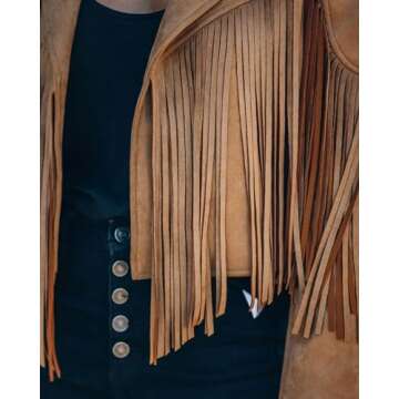 Casual Faux Leather Jacket Women Motorcycle Jacket Fringe Cropped Jacket Utility Tassel Suede Moto Jacket (Small,Camel)
