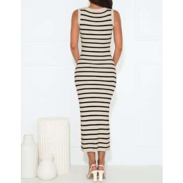 ZESICA Women's Summer Square Neck Bodycon Midi Dresses 2025 Casual Sleeveless Ribbed Knit Striped Beach Vacation Long Dress,Apricot,Medium