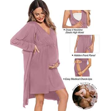SWOMOG Womens Maternity Robe 2 Piece Nursing Nightgown for Breastfeeding 3 in 1 Labor Delivery Nursing Dress Birthing Bathrobe