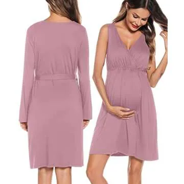 SWOMOG Womens Maternity Robe 2 Piece Nursing Nightgown for Breastfeeding 3 in 1 Labor Delivery Nursing Dress Birthing Bathrobe