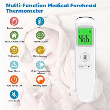 Forehead Thermometers Non Contact, Infrared Digital Thermometer for Kids, Fever Alarm 35 Groups Memo...