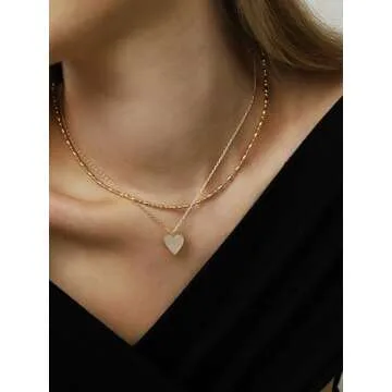 OZEL Layered Necklaces for Women 14K Gold Plated Dainty Gold Necklace White Heart Pendant Jewelry Gi...