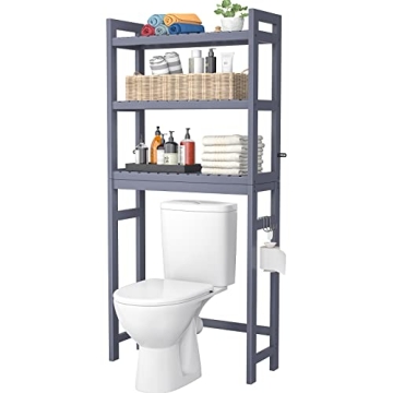 Homykic Over The Toilet Storage - Bamboo 3-Tier Organizer Rack with Hooks