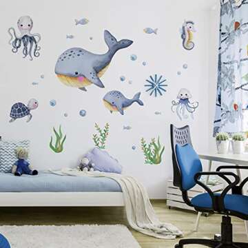 Mfault Under The Sea Whales Wall Decal Stickers, Coastal Ocean Hippocampus Octopus Turtle Fish Nursery Decoration Bedroom Bathroom Art, Marine Animal Beach Neutral Toddler Kids Baby Boys Room Decor