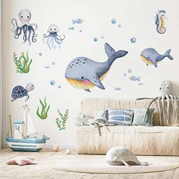 Mfault Under The Sea Whales Wall Decal Stickers, Coastal Ocean Hippocampus Octopus Turtle Fish Nursery Decoration Bedroom Bathroom Art, Marine Animal Beach Neutral Toddler Kids Baby Boys Room Decor