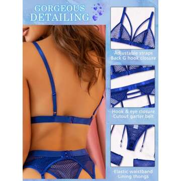 popiv Women's Sexy Lingerie Set with Garter Belt Matching Bra and Panty Lingeries Sets 4 Piece Blue
