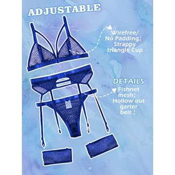popiv Women's Sexy Lingerie Set with Garter Belt Matching Bra and Panty Lingeries Sets 4 Piece Blue