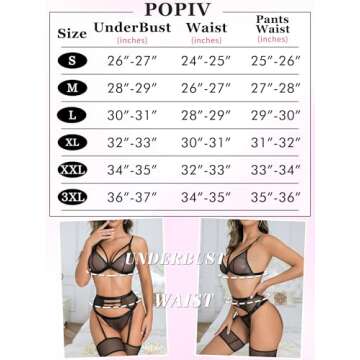 popiv Women's Sexy Lingerie Set with Garter Belt Matching Bra and Panty Lingeries Sets 4 Piece Blue