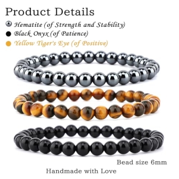 NCB 3-Piece Natural Gemstone Stretch Bracelets – Black Onyx, Hematite & Yellow Tiger's Eye Handmad...