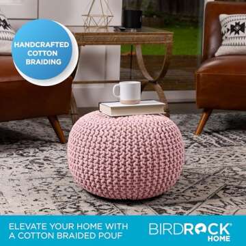 BIRDROCK HOME Round Pouf Ottoman | Cotton Braided Foot Stool with Bean Bag Filling | Boho Foot Rest for Living Room & Bedroom | Compact & Comfortable Seating, Lightweight & Soft | Dusty Rose