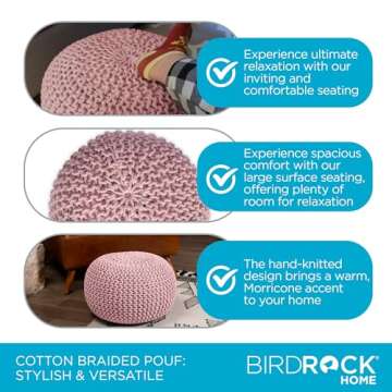 BIRDROCK HOME Round Pouf Ottoman | Cotton Braided Foot Stool with Bean Bag Filling | Boho Foot Rest for Living Room & Bedroom | Compact & Comfortable Seating, Lightweight & Soft | Dusty Rose