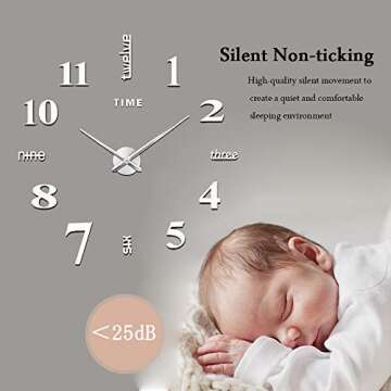 VREAONE Frameless DIY Wall Clock,Large Modern 3D Mirror Wall Clock Decor Sticker Clock kit for Home ...