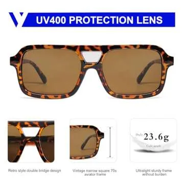 VANLINKER Retro 70s Square Aviator Sunglasses Unisex