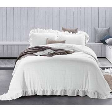 meadow park 100% Stone Washed French Linen Duvet Cover Set 3 Pieces - Super Soft, King Size 104 inches x 92 inches, Shams 20 inches x 36 inches, Ruffled Style - Button Closure - Corner Ties, White