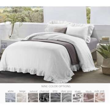 meadow park 100% Stone Washed French Linen Duvet Cover Set 3 Pieces - Super Soft, King Size 104 inches x 92 inches, Shams 20 inches x 36 inches, Ruffled Style - Button Closure - Corner Ties, White