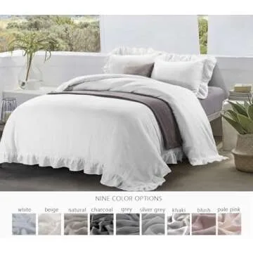 meadow park 100% Stone Washed French Linen Duvet Cover Set 3 Pieces - Super Soft, King Size 104 inches x 92 inches, Shams 20 inches x 36 inches, Ruffled Style - Button Closure - Corner Ties, White