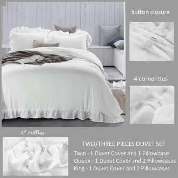 meadow park 100% Stone Washed French Linen Duvet Cover Set 3 Pieces - Super Soft, King Size 104 inches x 92 inches, Shams 20 inches x 36 inches, Ruffled Style - Button Closure - Corner Ties, White