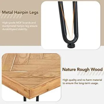 Modern Wood Coffee Table, Nature Cocktail Table for Living Room Chevron Pattern & Metal Hairpin Legs, Nature Rustic Rectangular Table