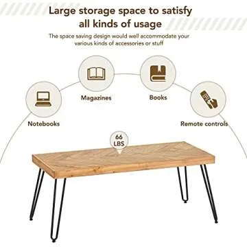 Modern Wood Coffee Table, Nature Cocktail Table for Living Room Chevron Pattern & Metal Hairpin Legs, Nature Rustic Rectangular Table