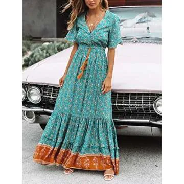 R.Vivimos Womens Summer Cotton Short Sleeve V Neck Floral Print Casual Bohemian Midi Dresses (Large, Green)