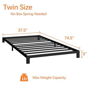 Vecilla Twin Bed Frame 5 Inch Heavy Duty Metal Platform Low Profile Bed Frame No Box Spring Needed, ...