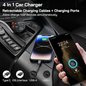 Retractable Car Charger, 4 in 1 Super Fast Phone Car Charger, Retractable Cables (31.5 inch) + 2 USB Ports Car Charger Adapter for iPhone 15/14/13/12/11 Pro Max XR, iPad, Samsung, Pixel (PT-19-1)