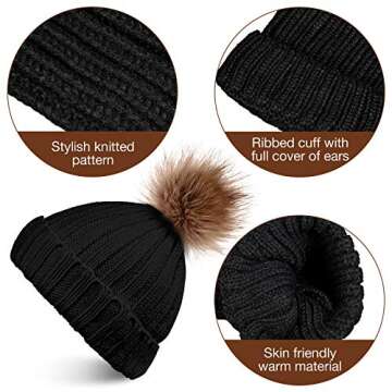 4 Pieces Winter Hat and Gloves Set Women Beanie Hat Gloves Skull Cap Touchscreen Gloves for Women Girl Lady Couple (Black and White)