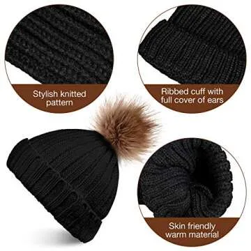 4 Pieces Winter Hat and Gloves Set Women Beanie Hat Gloves Skull Cap Touchscreen Gloves for Women Girl Lady Couple (Black and White)