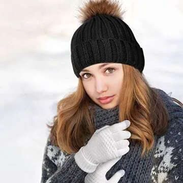 4 Pieces Winter Hat and Gloves Set Women Beanie Hat Gloves Skull Cap Touchscreen Gloves for Women Girl Lady Couple (Black and White)