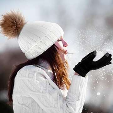 4 Pieces Winter Hat and Gloves Set Women Beanie Hat Gloves Skull Cap Touchscreen Gloves for Women Girl Lady Couple (Black and White)