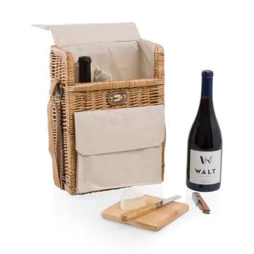 PICNIC TIME Corsica Wine and Cheese Picnic Basket - Wine Tote Bag - Gift for Wine Lovers, (Beige Canvas), 12 x 7 x 17
